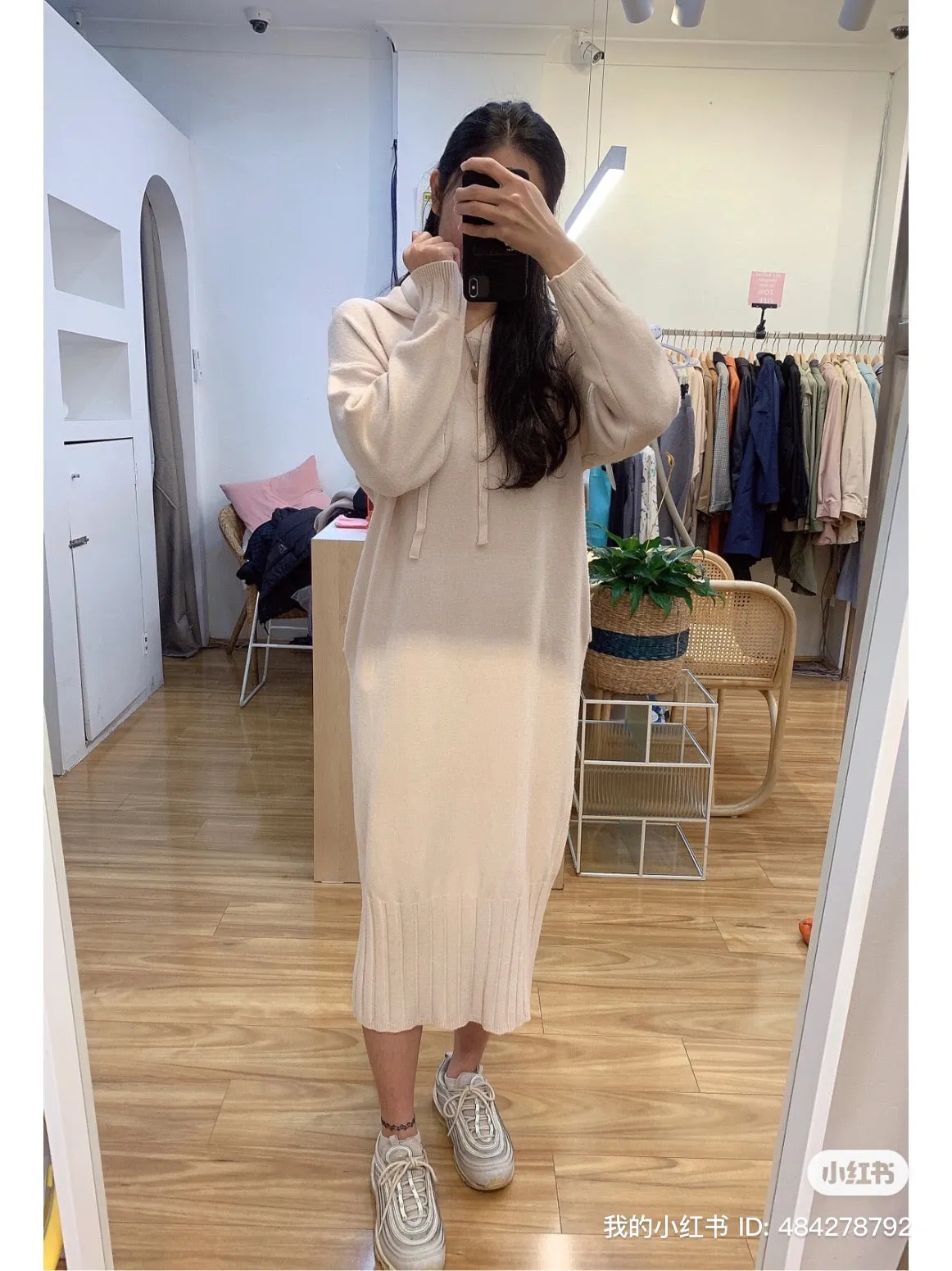 Long hoodie style ivory colour knit dress