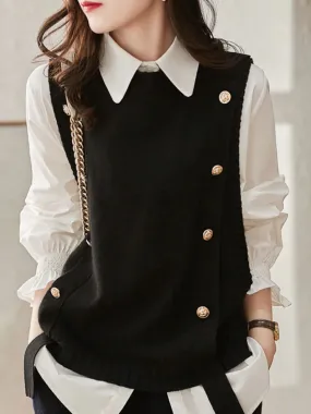 Loose Button Knitted Vest - Black