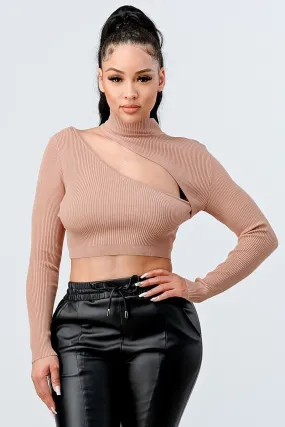 Lux Sweater Rib Cutout Mock Neck Crop Top