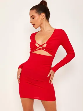 Maggie Criss Cross Bust Ribbed Bodycon Dress In Red