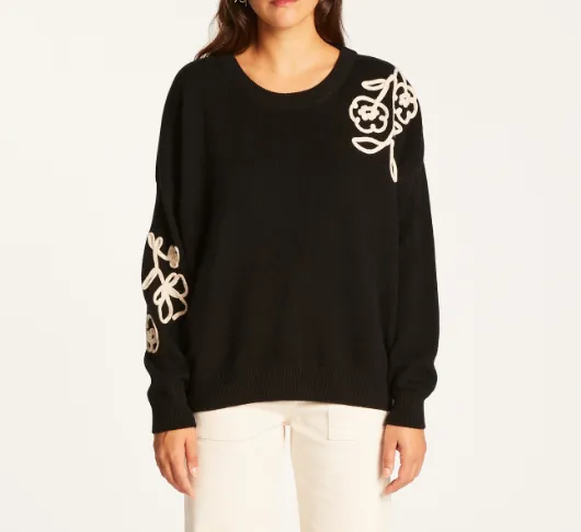 Maison Montagut - Rachel Crewneck Sweater with Embroidery in Ecru and Black