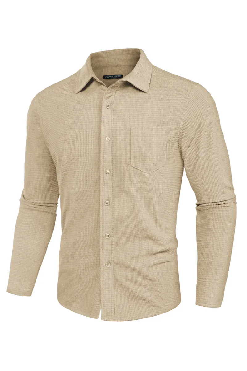 Men Stylish Textured Shirt Long Sleeve Classic Collar Button-up Tops