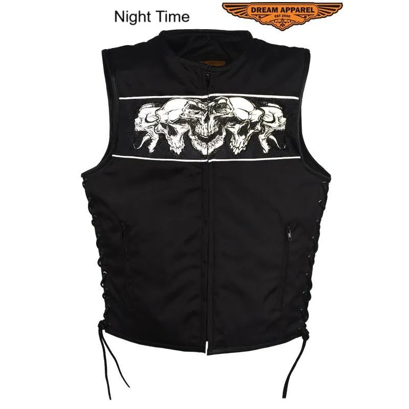 Men's Black Textile Motorcycle Vest With Reflective Skulls Across Chest & Back