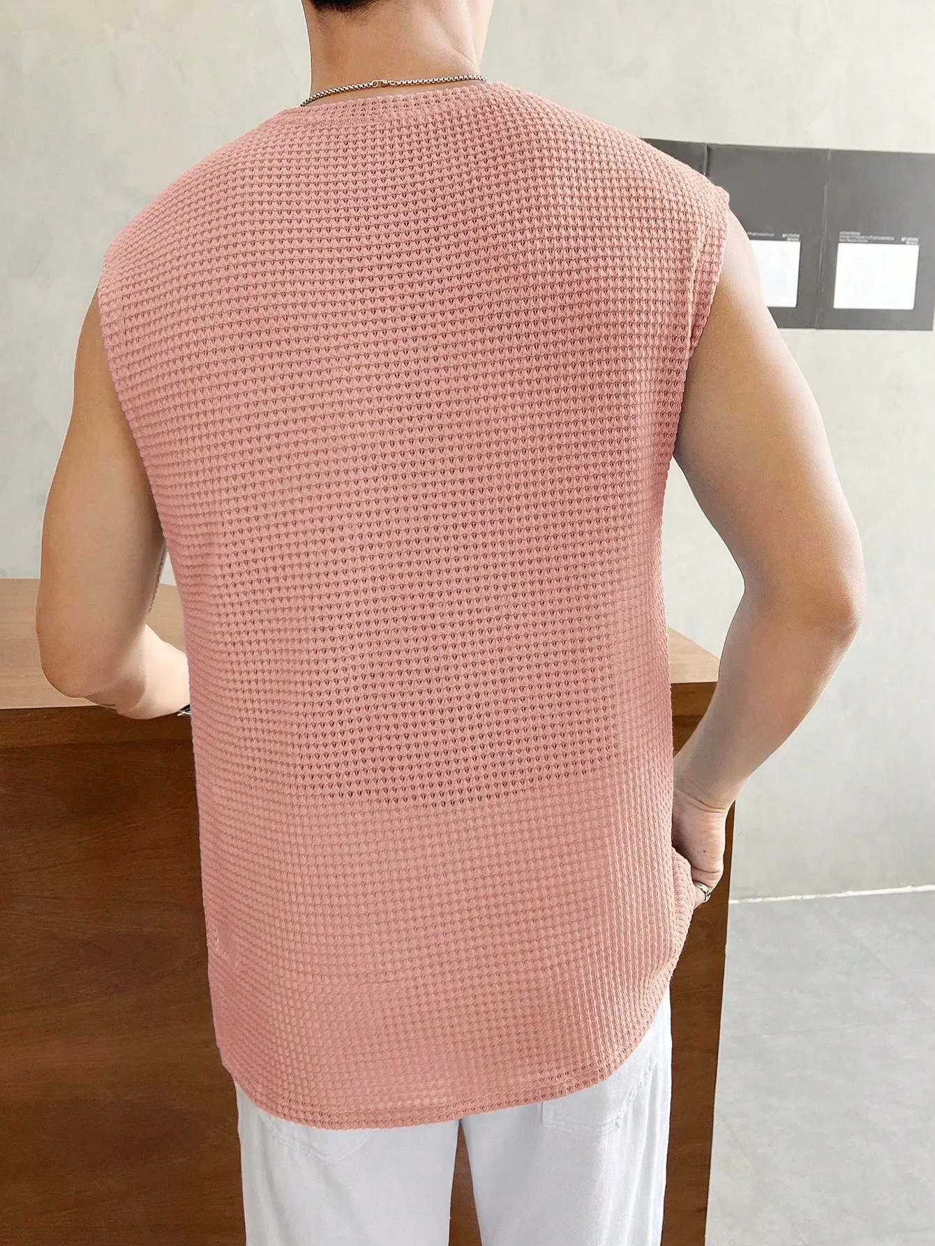 Men's Casual Summer Waffle Knit Loose Tank Top, Round Neck, Cap Sleeve