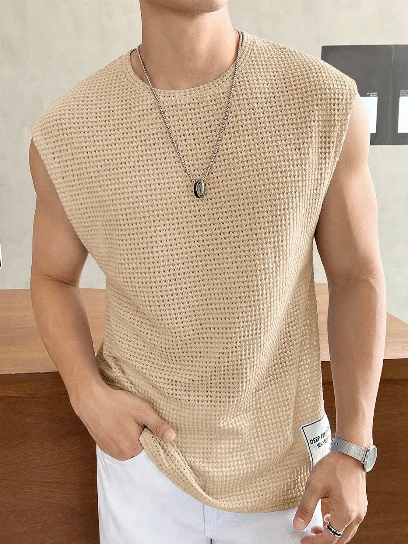 Men's Casual Summer Waffle Knit Loose Tank Top, Round Neck, Cap Sleeve