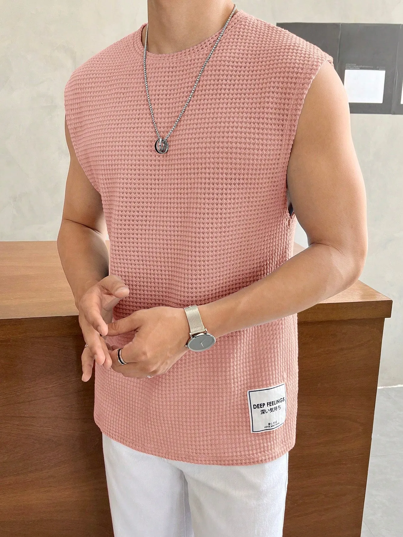 Men's Casual Summer Waffle Knit Loose Tank Top, Round Neck, Cap Sleeve