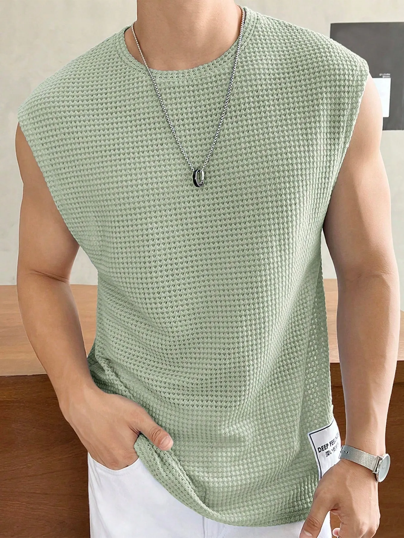 Men's Casual Summer Waffle Knit Loose Tank Top, Round Neck, Cap Sleeve