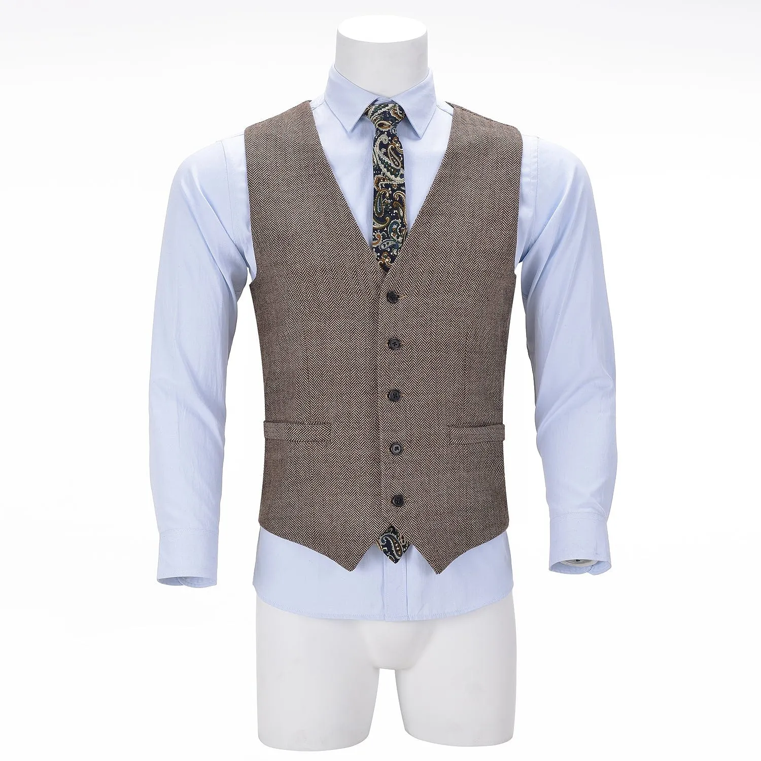 Men's Fashion Herringbone V Neck Tweed Waistcoat For Business