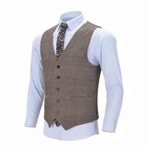 Men's Fashion Herringbone V Neck Tweed Waistcoat For Business