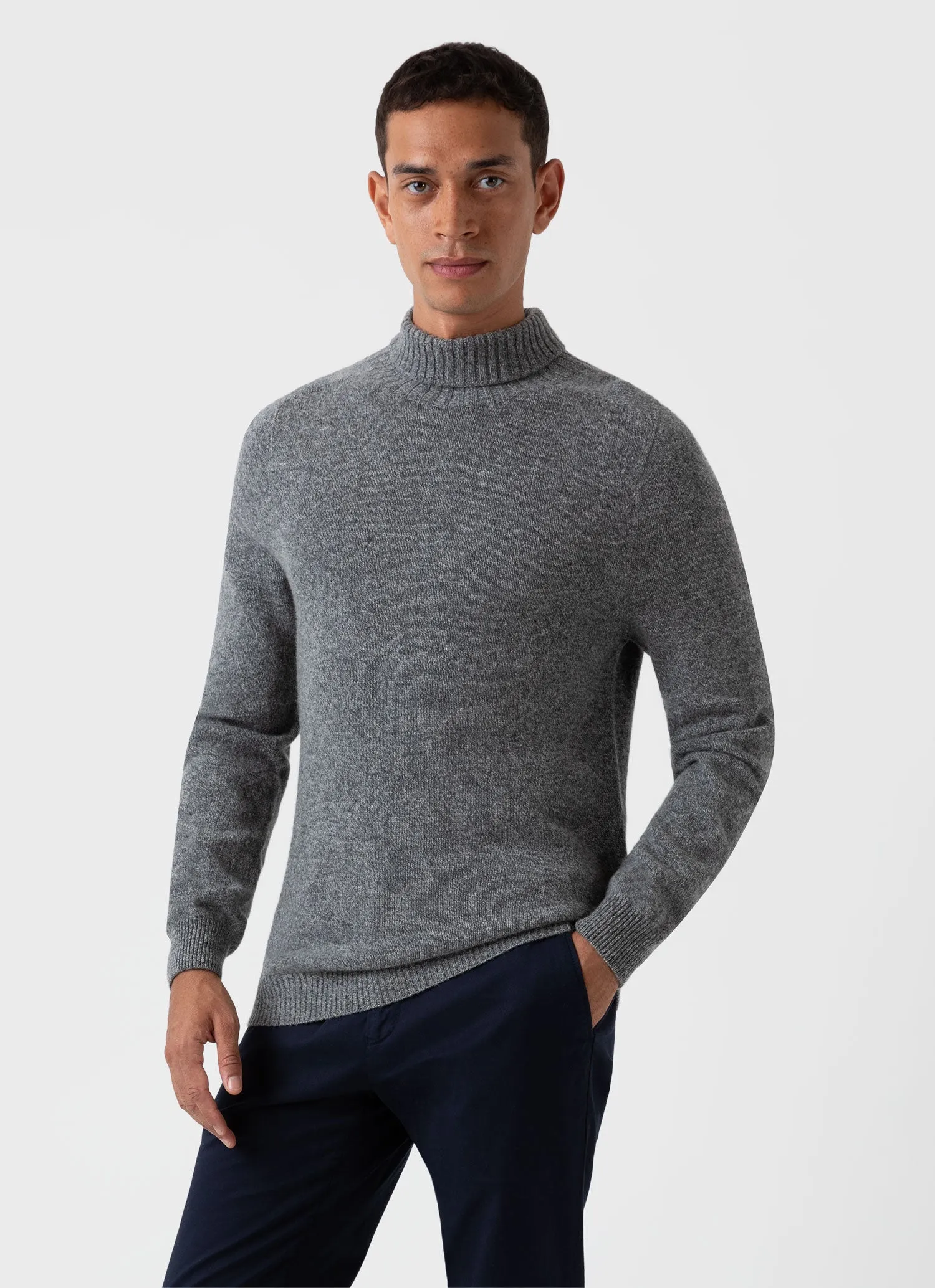 Men's Lambswool Roll Neck in Mid Grey Melange