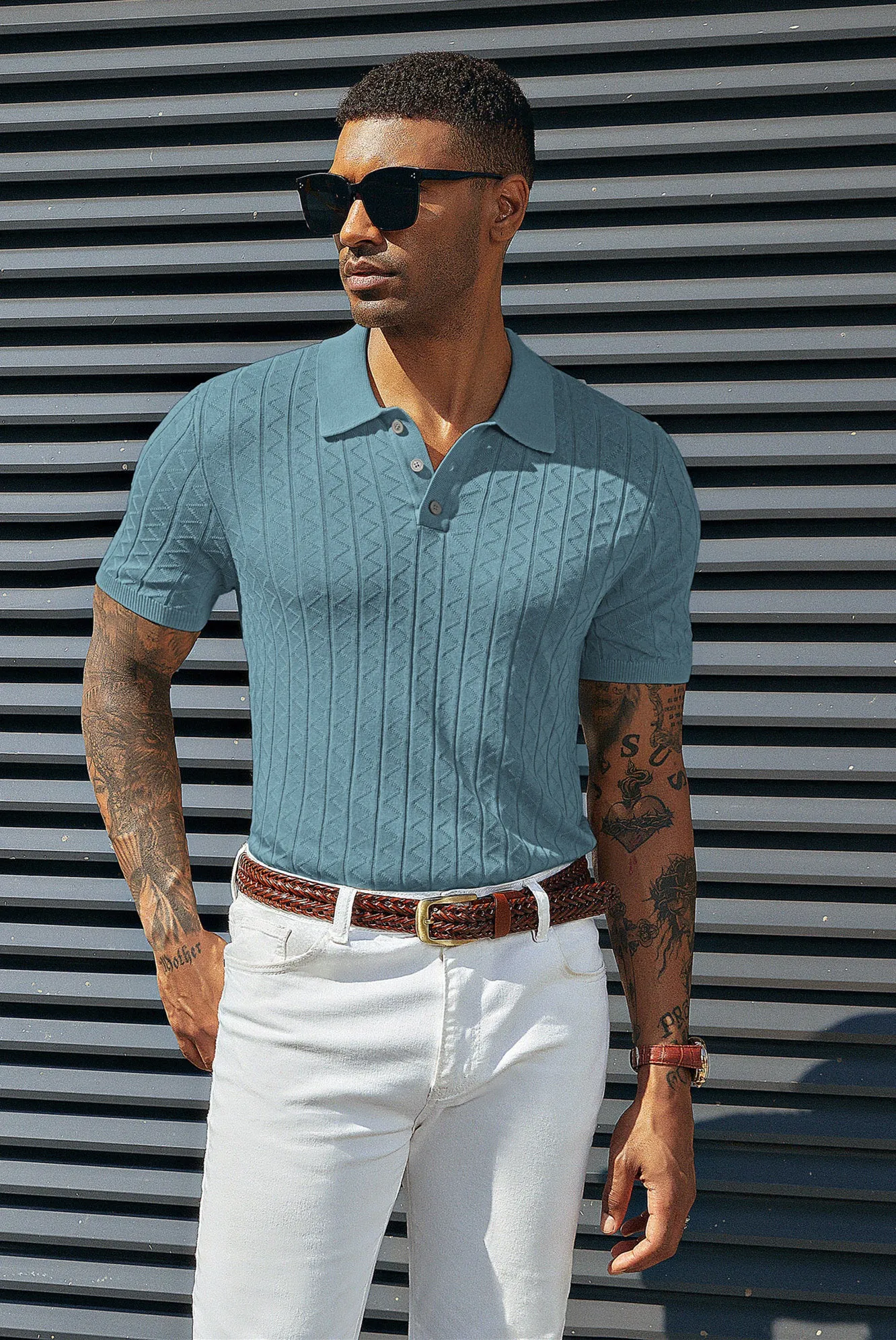 Mens Polo Shirts Short Sleeve Wavy Textured Knit Polo Shirts