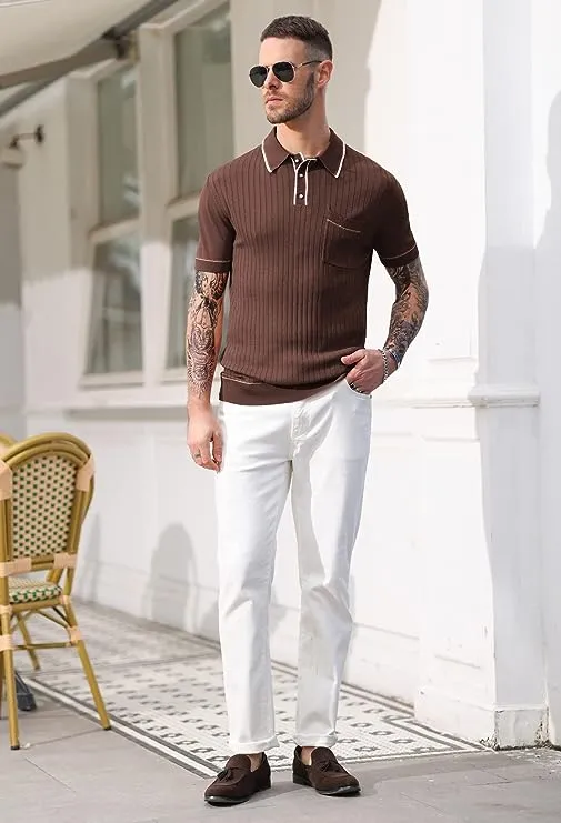 Men's Short Sleeve Knit Button Polo Shirts Casual Pullover Golf Shirt with Pockets