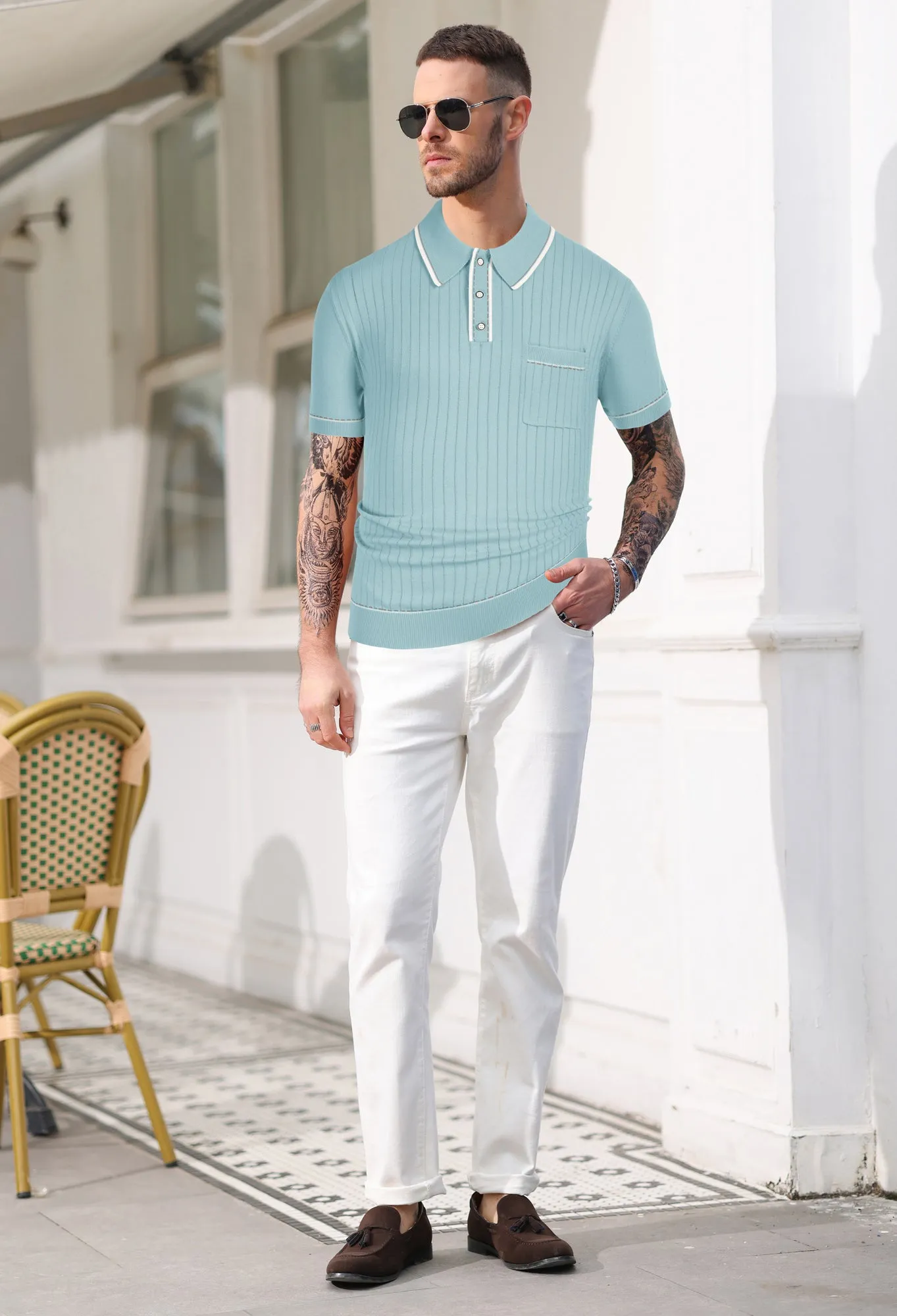 Men's Short Sleeve Knit Button Polo Shirts Casual Pullover Golf Shirt with Pockets