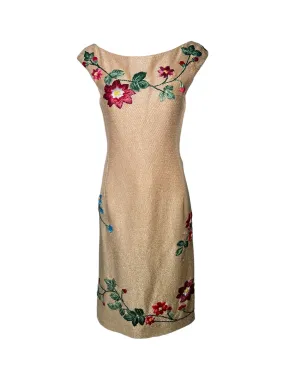 Moschino Woven Raffia w/Raffia Floral Embroidery Cocktail Dress