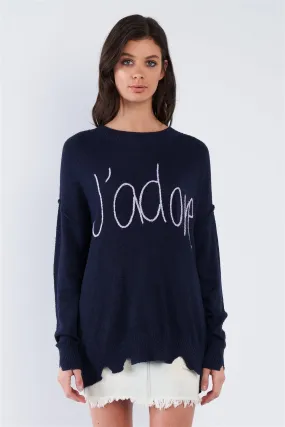 Navy Blue Purple "J'adore" Script Knit Relaxed Fit Sweater