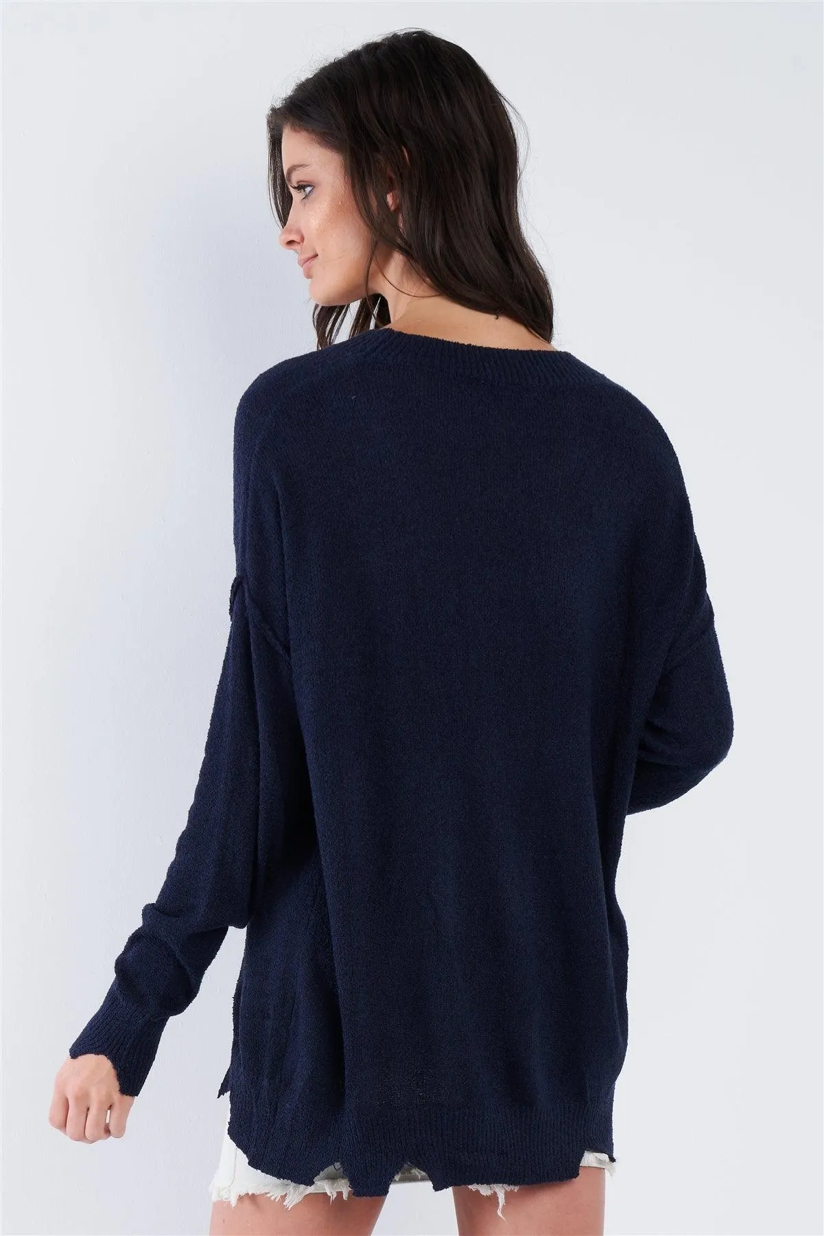 Navy Blue Purple "J'adore" Script Knit Relaxed Fit Sweater