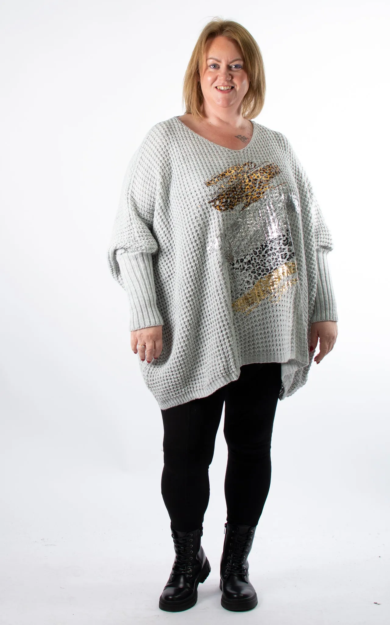 Oversized Chunky Knit Jumper | Foil Brush Stroke | Grey