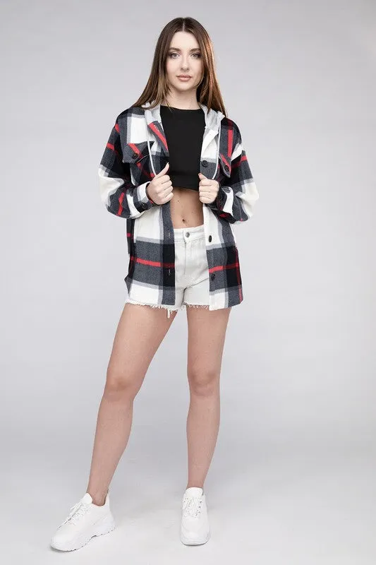 Plaid Drawstring Hooded Fleece Shacket