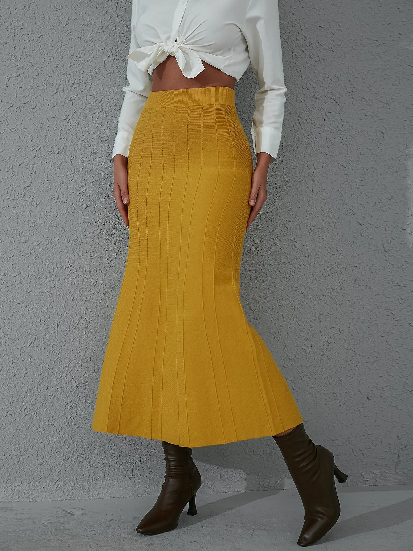 Plain High Waist Long Women Sweater Skirt