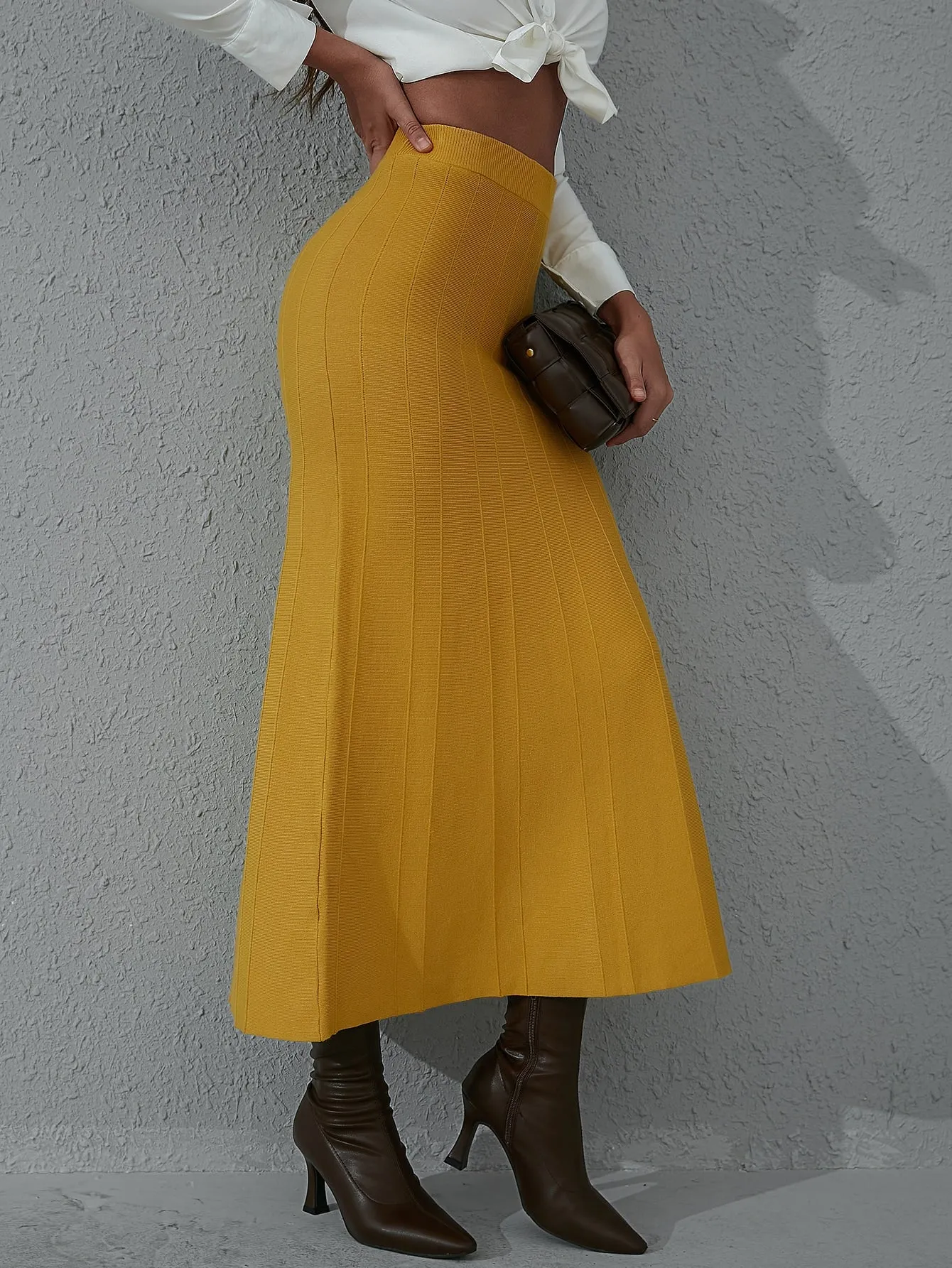 Plain High Waist Long Women Sweater Skirt