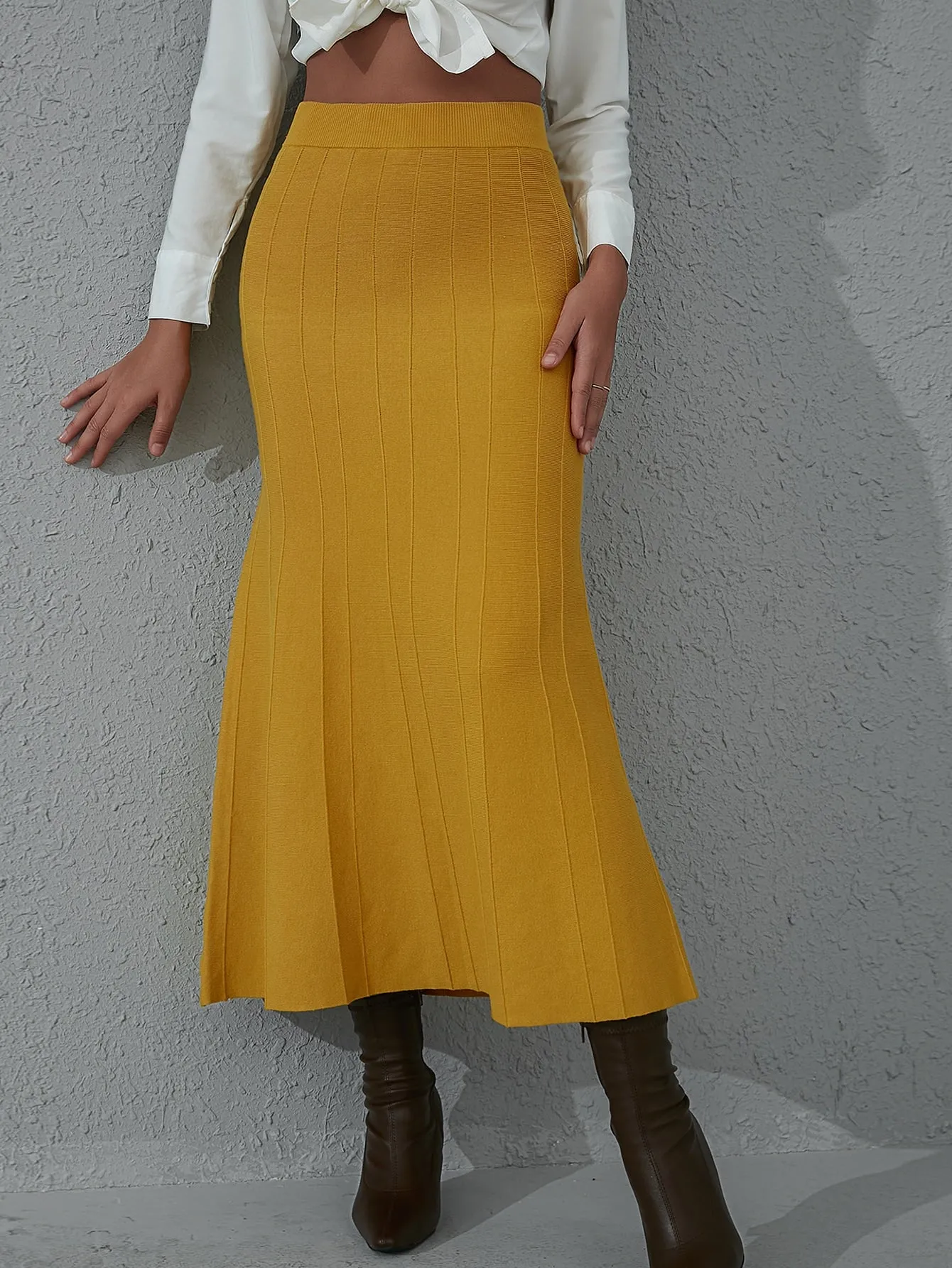 Plain High Waist Long Women Sweater Skirt