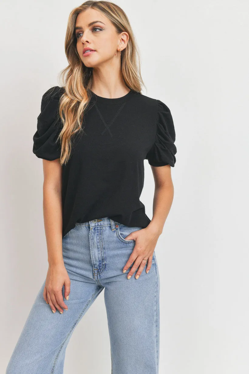 Pleated Puff Sleeves Soft French Terry Knit Top