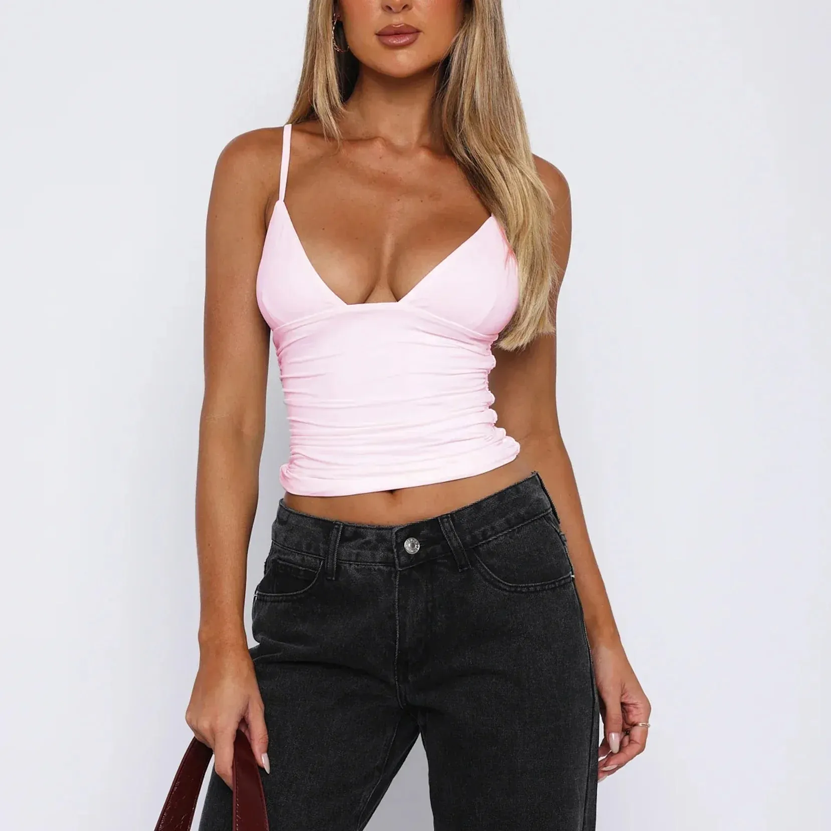 Plunge V Neck Spaghetti Strap Ruched Basic Sleeveless Crop Sexy Top