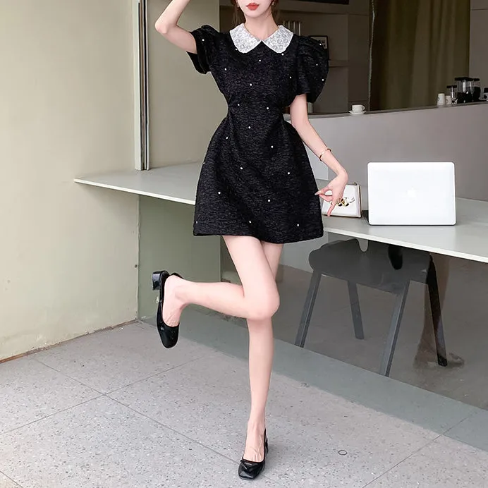 Puff Sleeve Rhinestone Heavy Waist Short Sleeve Little Black Dress