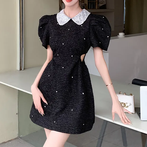 Puff Sleeve Rhinestone Heavy Waist Short Sleeve Little Black Dress