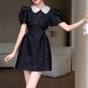 Puff Sleeve Rhinestone Heavy Waist Short Sleeve Little Black Dress