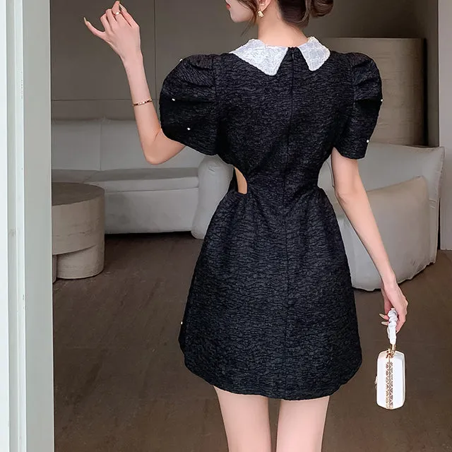 Puff Sleeve Rhinestone Heavy Waist Short Sleeve Little Black Dress