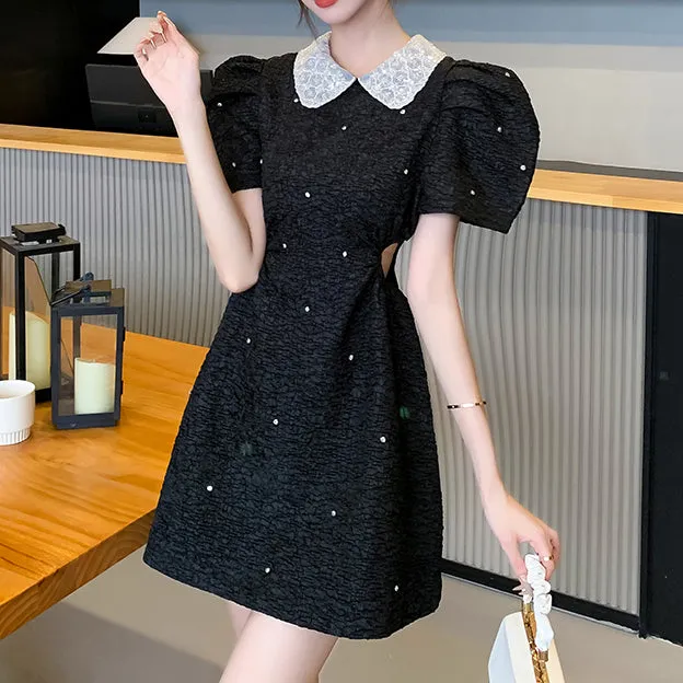 Puff Sleeve Rhinestone Heavy Waist Short Sleeve Little Black Dress