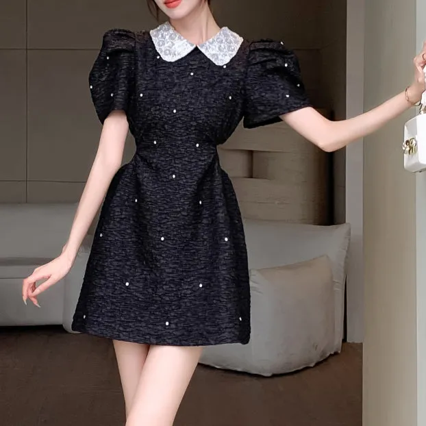 Puff Sleeve Rhinestone Heavy Waist Short Sleeve Little Black Dress