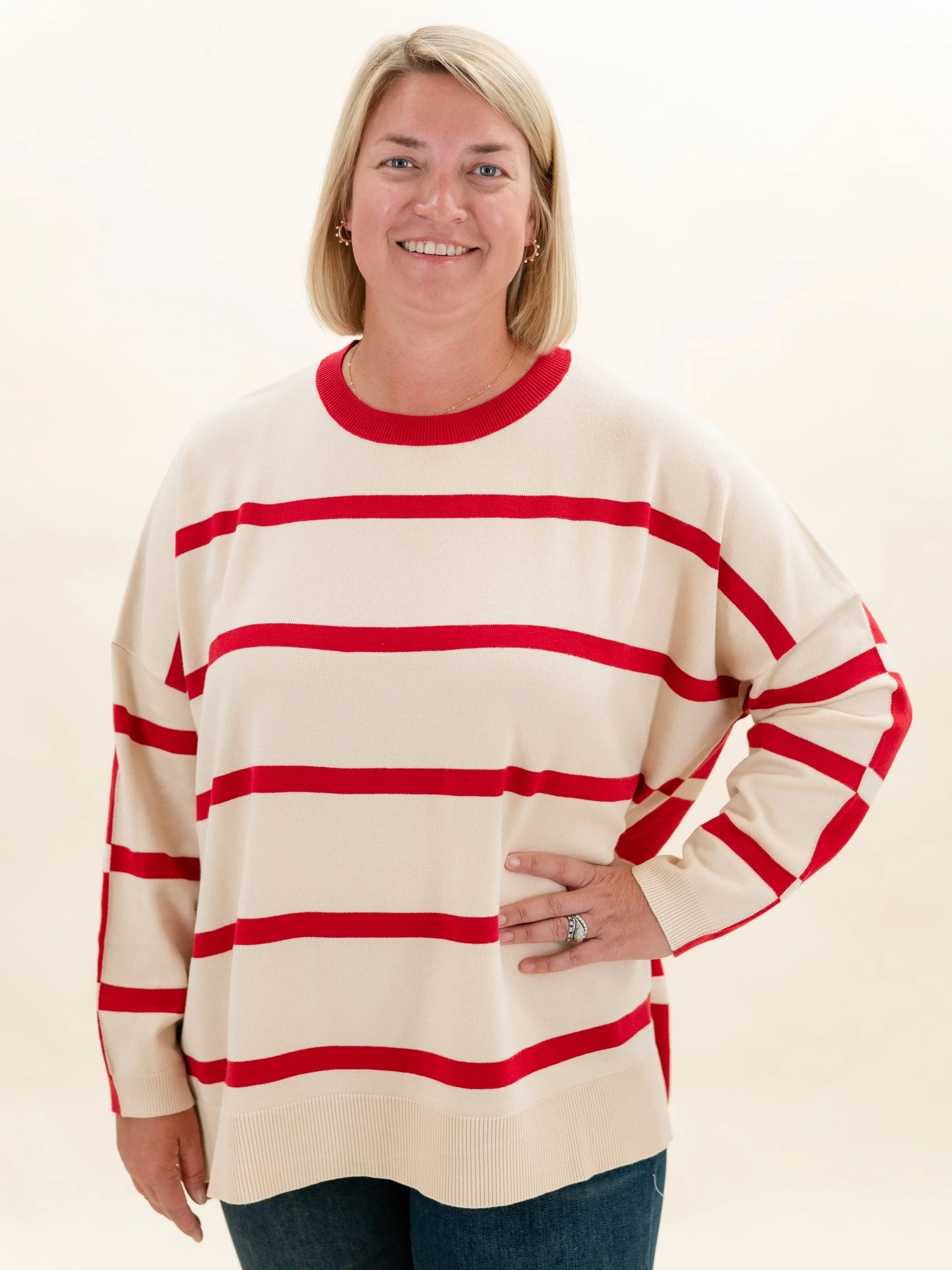 Red & Ivory Stripe Sweater by First Love