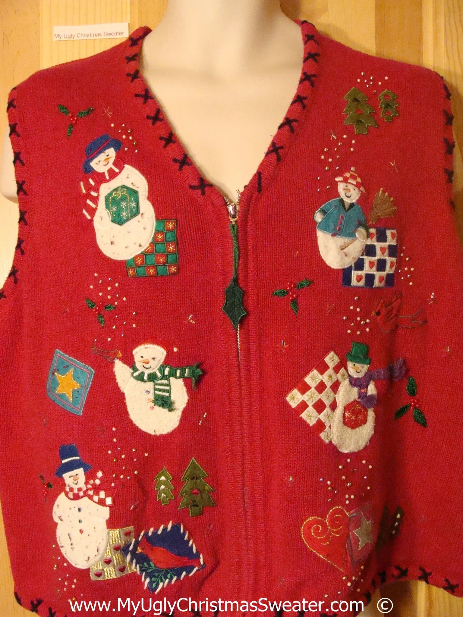 Red Crafty Christmas Sweater Vest with Snowmen