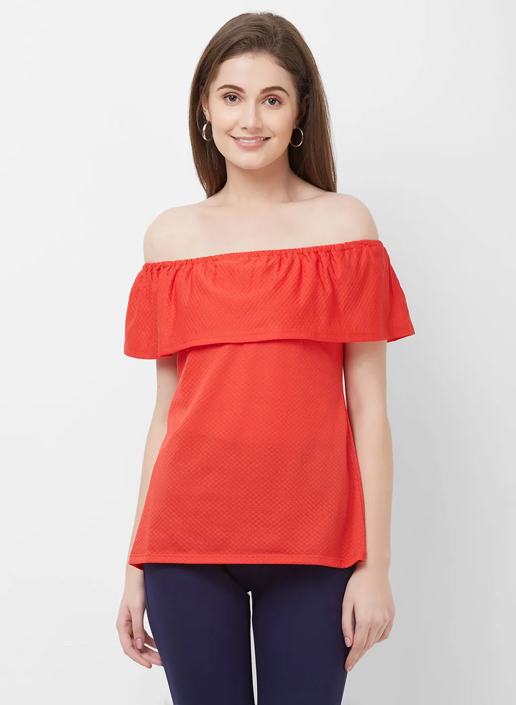 Red Short Sleeves Off Shoulder Top