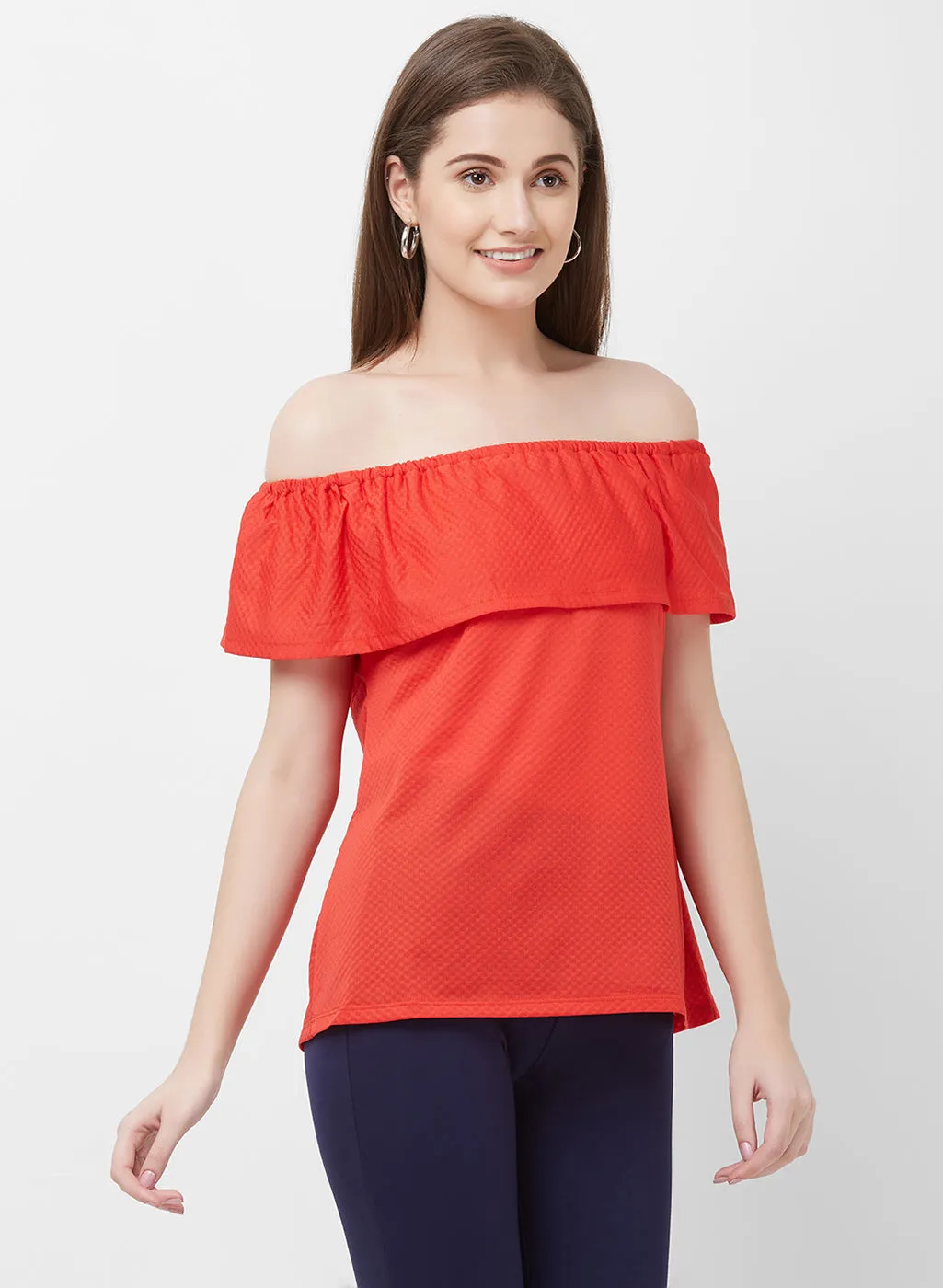 Red Short Sleeves Off Shoulder Top