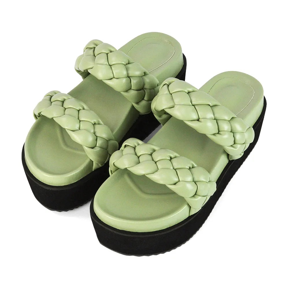 Regina Woven Double Strap Flatform Slip On Sandals in Mint Synthetic Leather