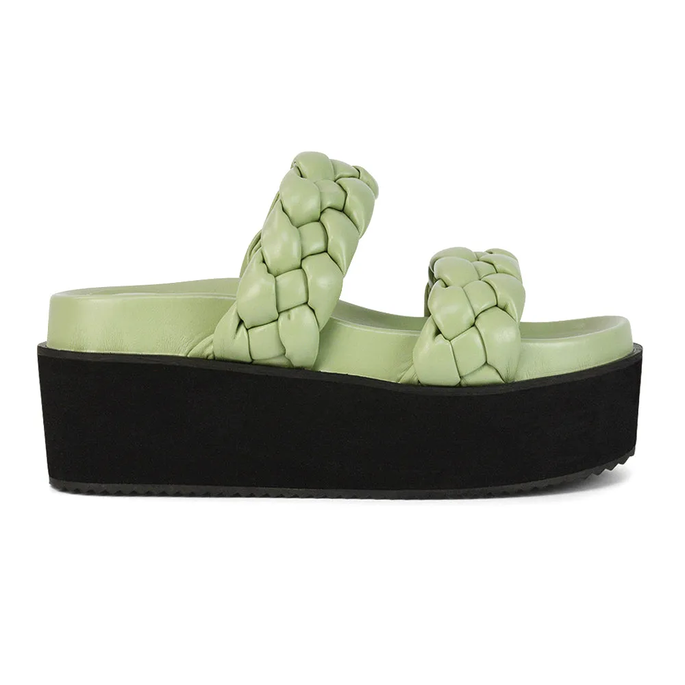 Regina Woven Double Strap Flatform Slip On Sandals in Mint Synthetic Leather