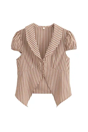 'Rosie' Short Sleeve Turn-down Collar Brown Striped Vest