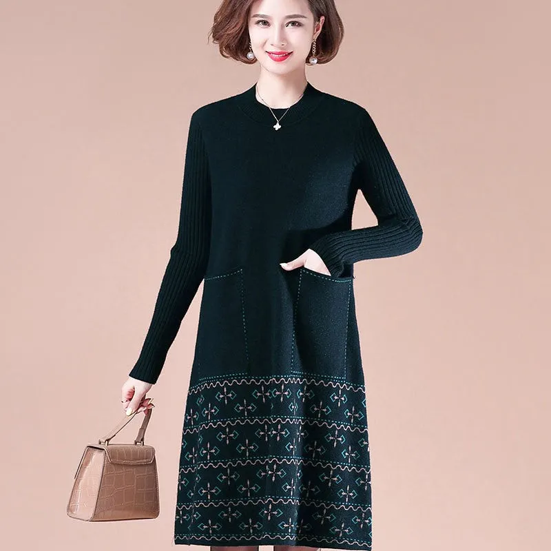 Round Neck Long Sleeve Knee Length A-line Floral Knit Dress with Pockets