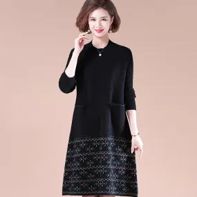 Round Neck Long Sleeve Knee Length A-line Floral Knit Dress with Pockets