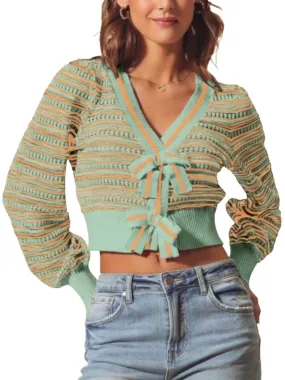 Sage and apricot stripe tied front cardigan light sweater