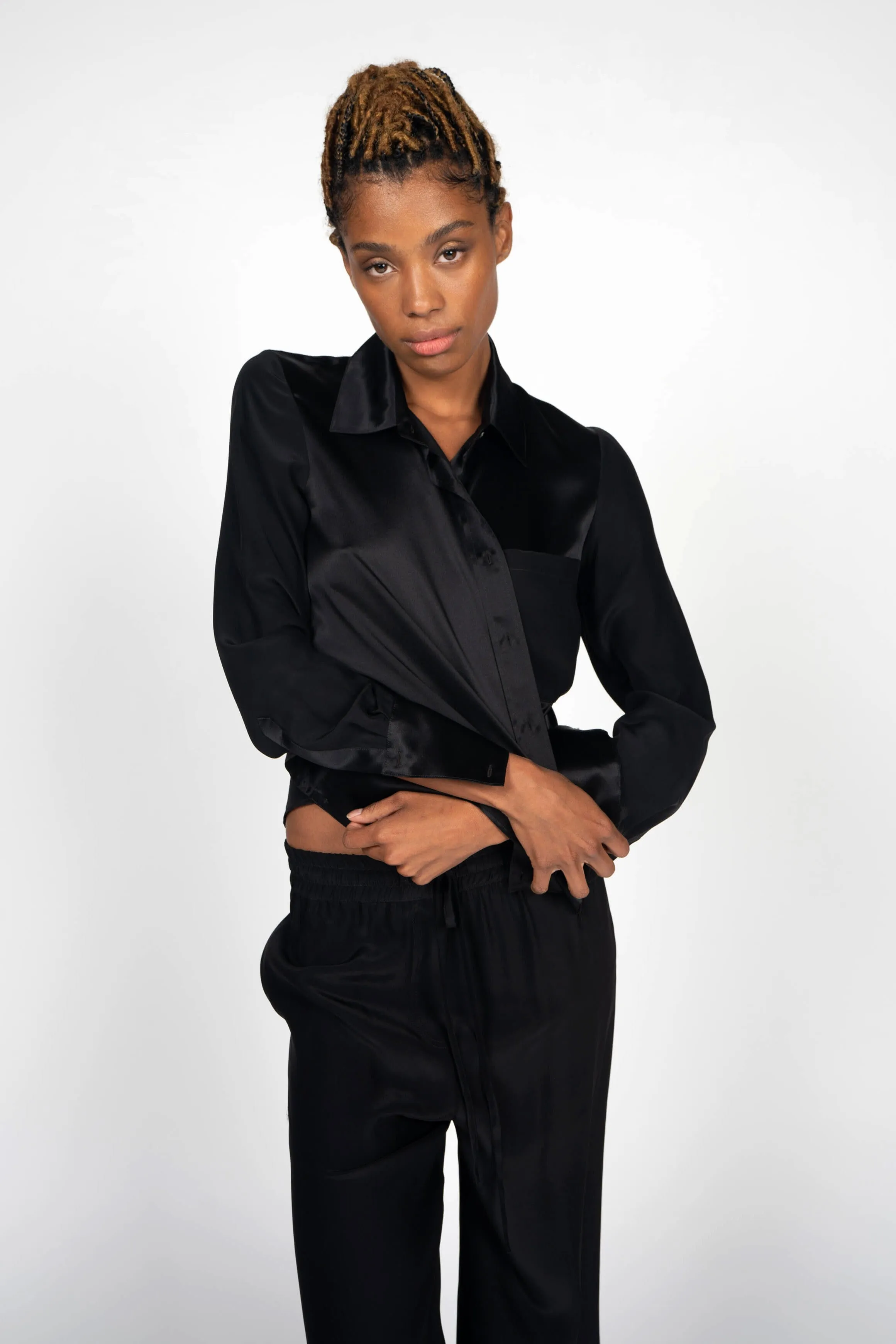 Silk Slim Button Up Shirt - Black