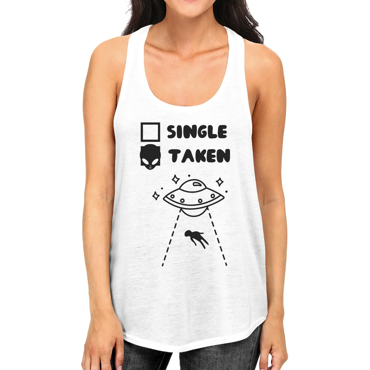 Single Taken Alien White Cotton Tanks For Women Humorous Design Top