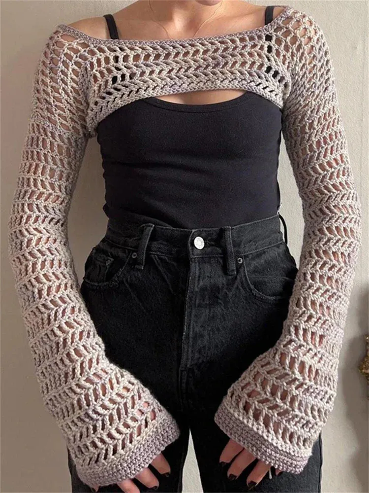 Sleeve Long Cropped Crochet Fishnet Mesh Hollow Out Summer Crop Women's Shrug Top