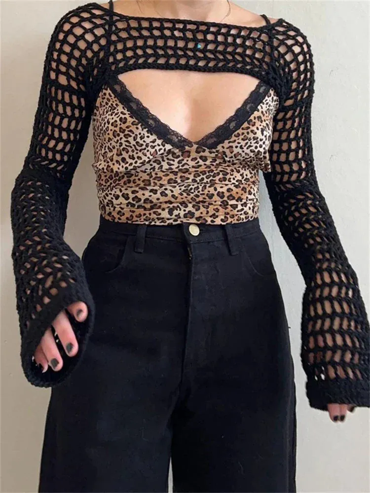 Sleeve Long Cropped Crochet Fishnet Mesh Hollow Out Summer Crop Women's Shrug Top