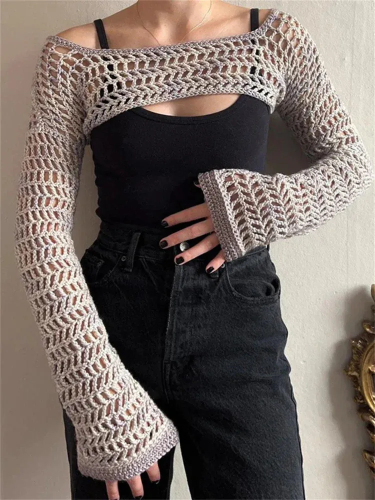 Sleeve Long Cropped Crochet Fishnet Mesh Hollow Out Summer Crop Women's Shrug Top