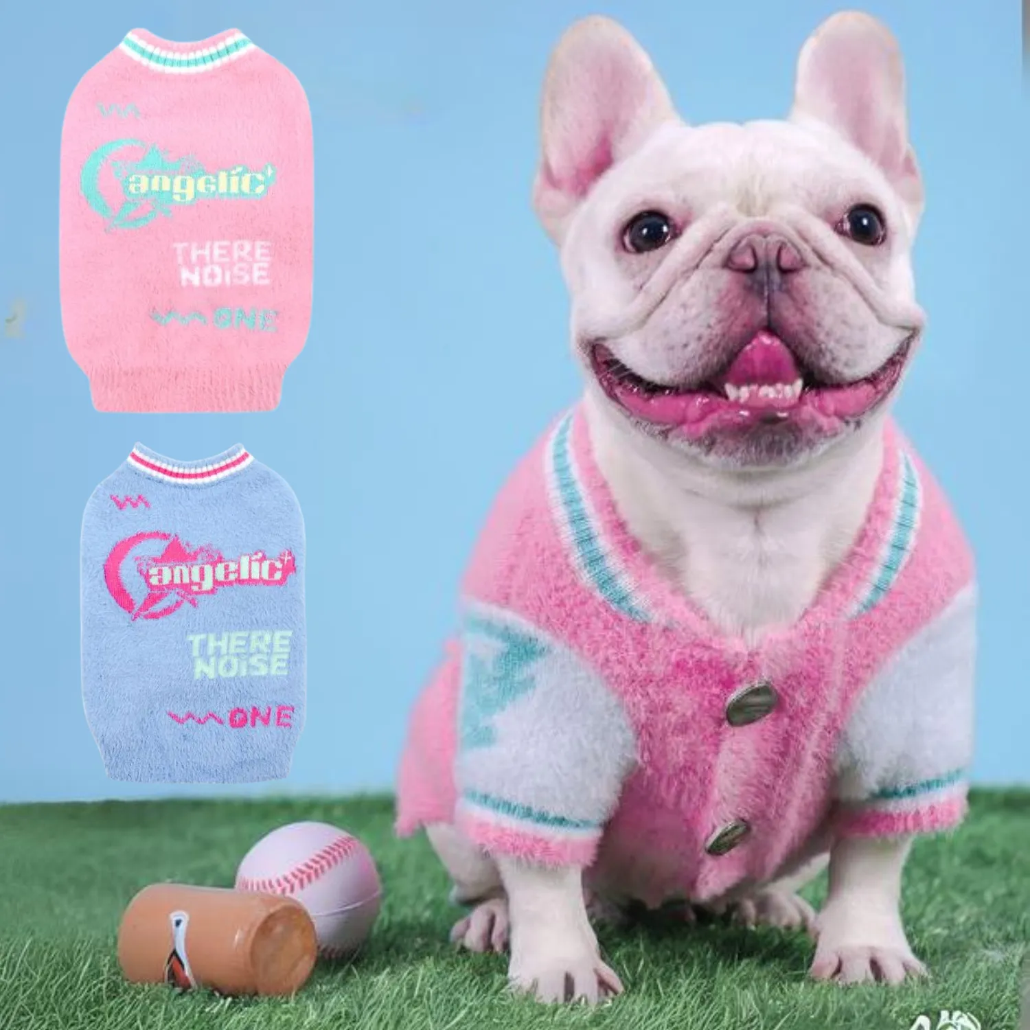 Sporty Frenchie Winter Sweater Blue and Pink Plush Varsity Style for Small Dogs