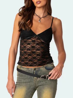 Strap Lace Floral Backless Sheer Mesh Y2K Crop Spaghetti Top